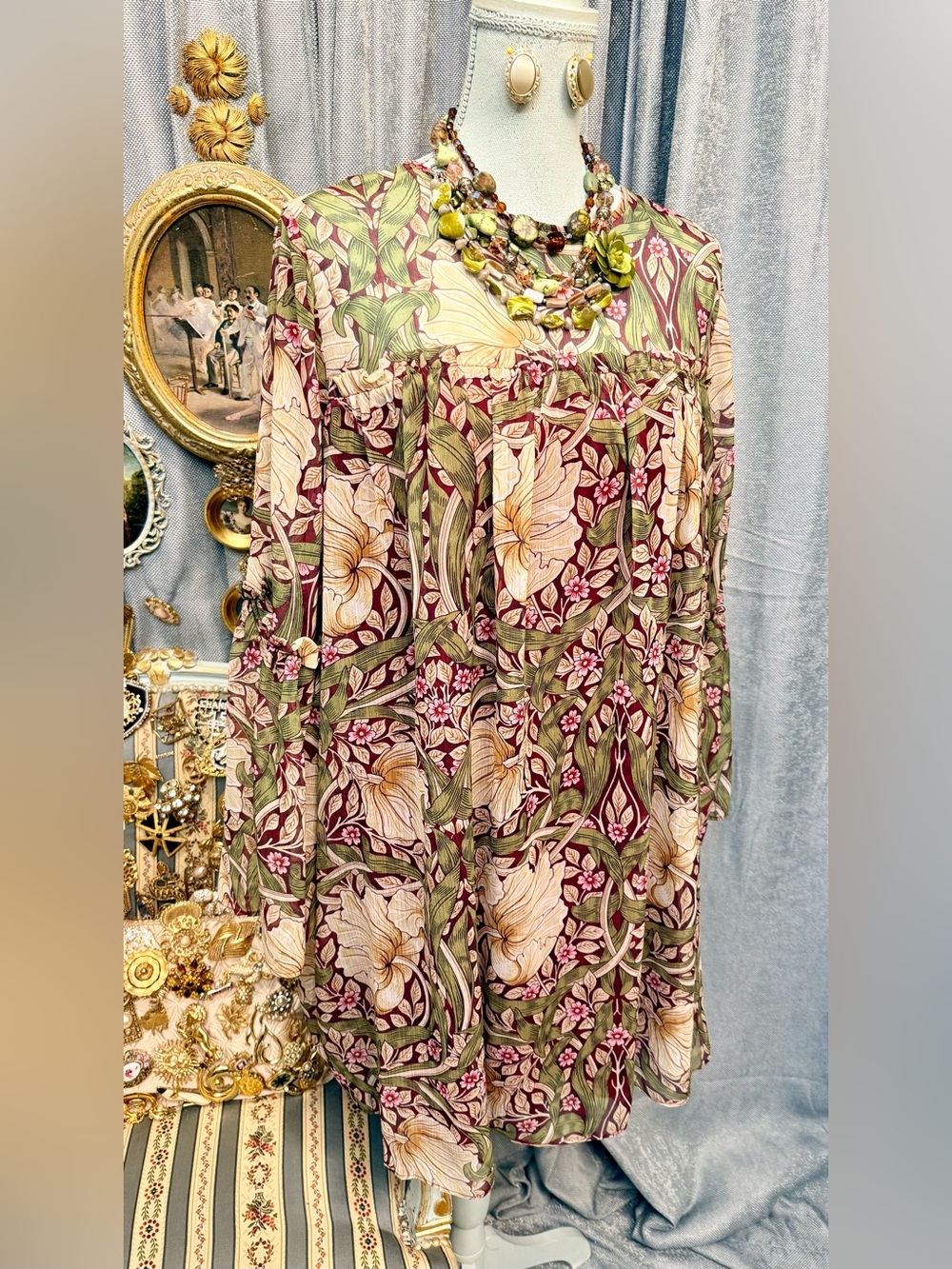 Floral Dress in Burgundy and Olive with vintage jewelry